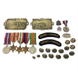 WW2 group of five medals comprising 1939-45 War Medal, Defence Medal, 1939-45 Star, Italy Star and Africa Star with 1st Army clasp; all with ribbons on wearing bar; pair of French brass dishes cast with titled military scenes; hallmarked silver ARP badge; pair of cloth 'Report and Control' shoulder titles etc