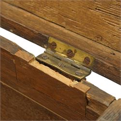 Early 19th century oak and wrought metal bound plate chest, the hinged lid with an engraved brass plaque inscribed Col H Saunderson No.2, enclosing a vacant interior, with metal carrying handles to the sides and pivoting clasp