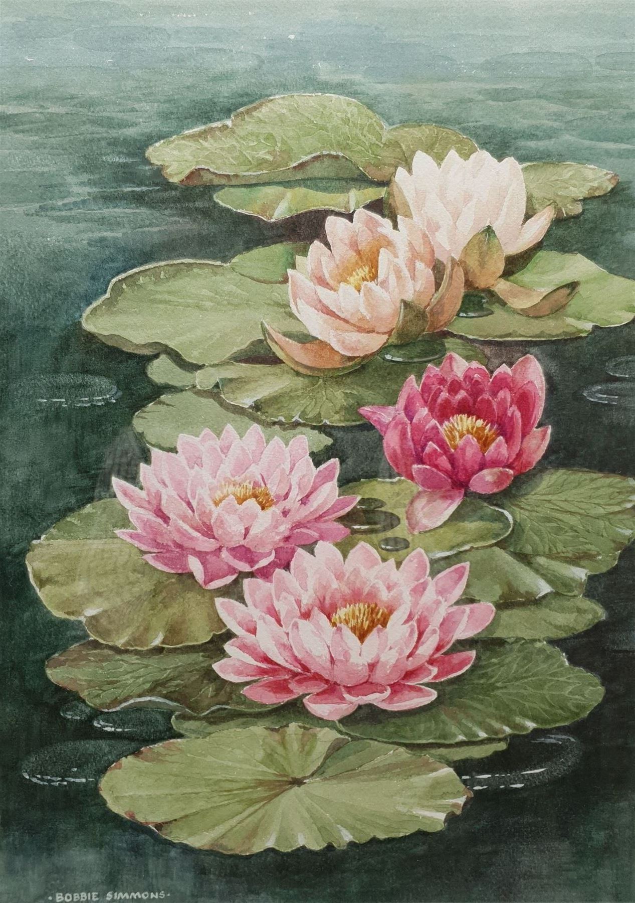 Bobbie Simmons (British late 20th century): 'Water Lily', watercolour signed, titled with label verso 42cm x 29cm