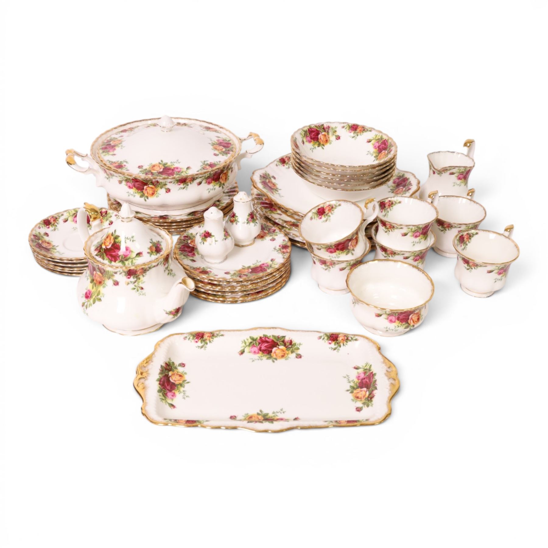 Royal Albert Old Country Roses part tea and dinner service, including teapot, milk jug, open sucrier, six tea cups and saucers, four dinner plates etc 