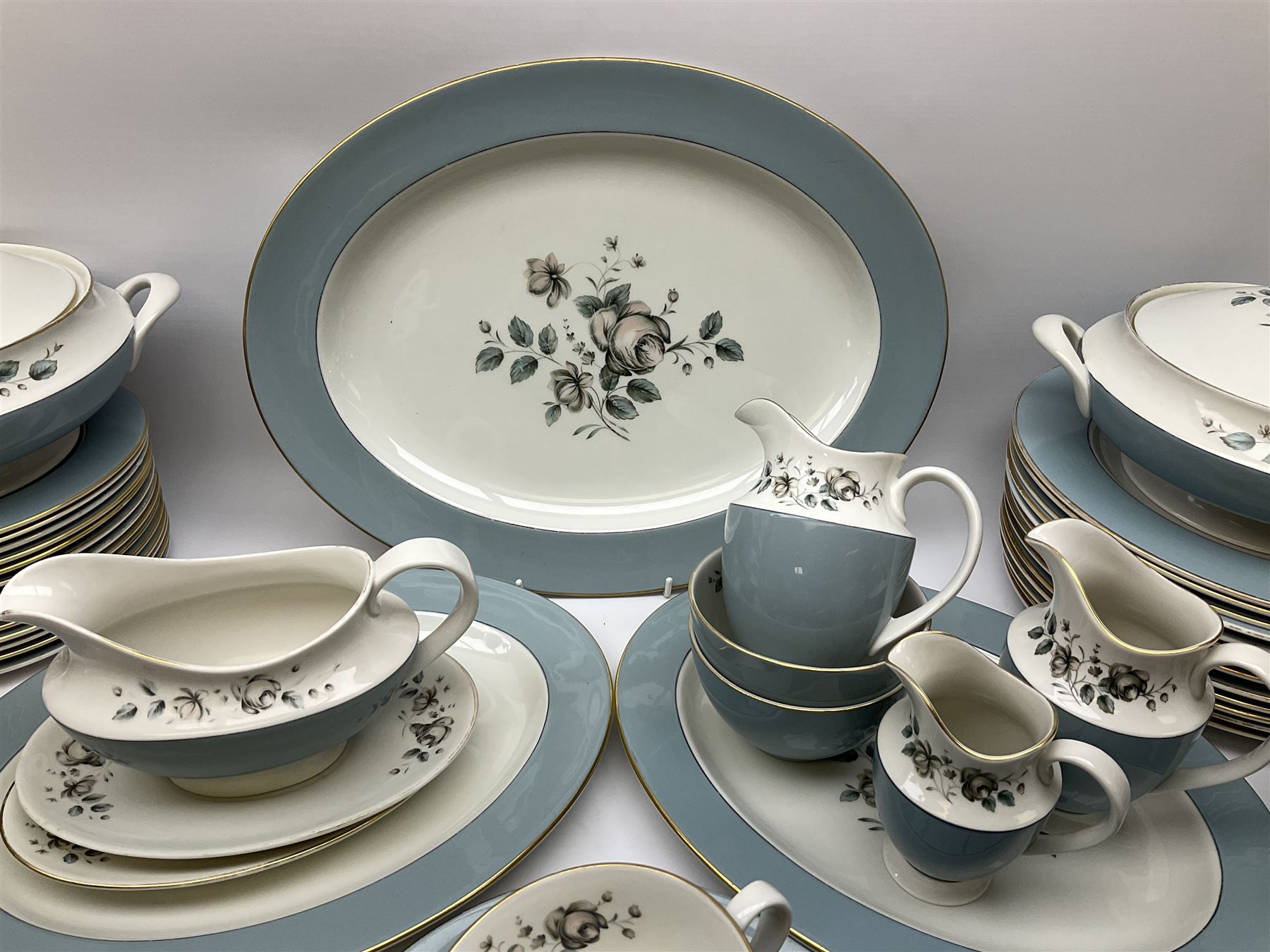 Royal Doulton Rose Elegans pattern tea and dinner wares, to include teapot, fourteen cups and saucers, two milk jug, cream jug, two sucriers, two covered serving dishes, serving platter, etc (98+)