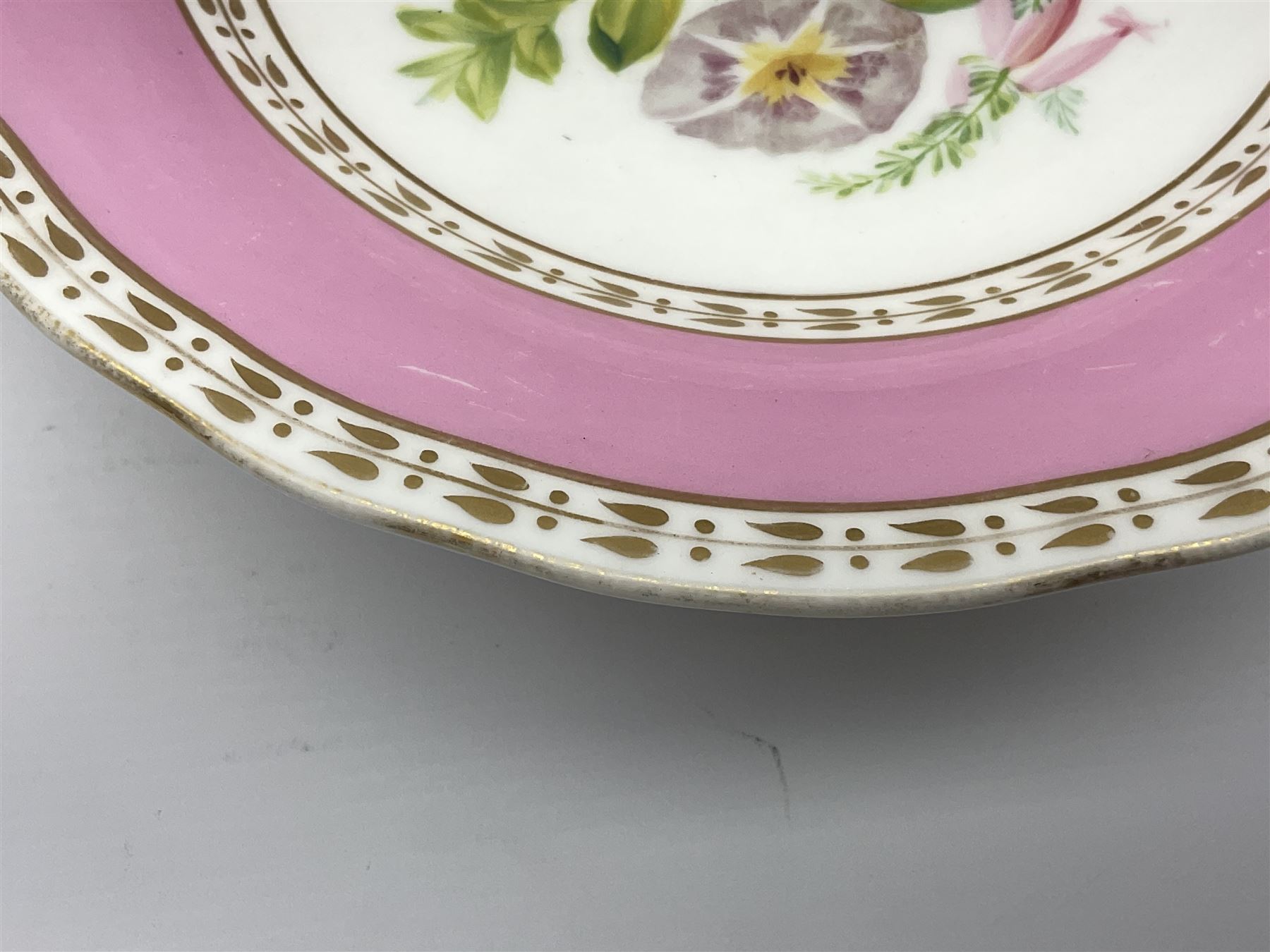 Victorian Copeland, Botanical dessert service, decorated with floral sprigs to the centre with a pink and gilt border, comprising five comports and seven plates, largest comport H20cm, plate D22cm