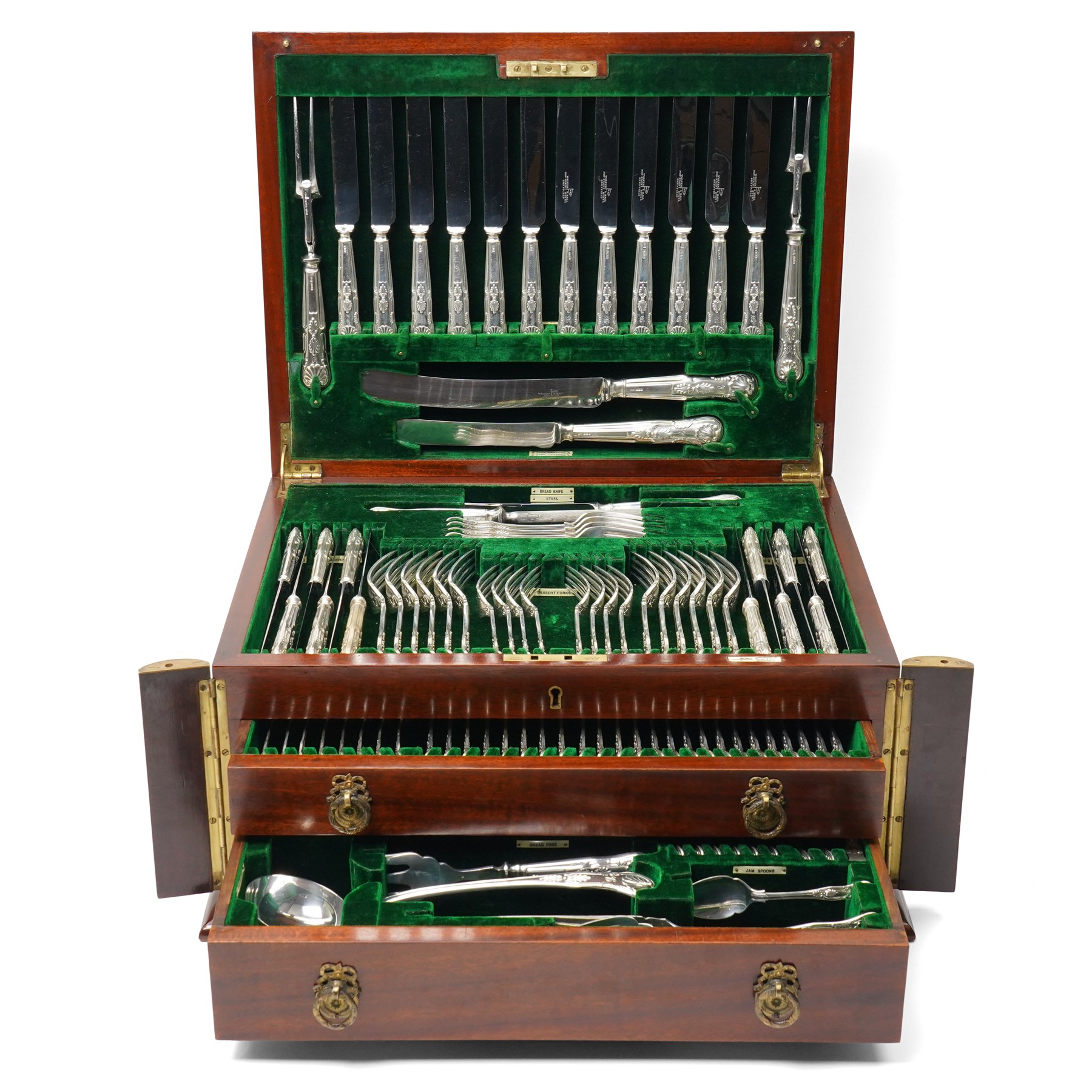 Extensive canteen of silver Kings Pattern cutlery for twelve covers comprising silver handled table and dessert knives, table and dessert forks, fish knives, forks and servers, dessert spoons, soup spoons and table spoons, sauce and soup ladles, salad servers, carving knives and forks etc 134 pieces in mahogany case with countersunk brass handles W49cm Sheffield 1928 Maker Walker & Hall 
