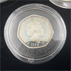 The Royal Mint United Kingdom 2019 'Celebrating 50 Years of the 50p' silver proof piedfort coin set, cased with certificate