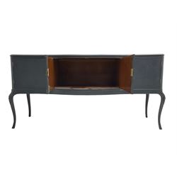 French design grey painted teak serpentine sideboard, the shaped front fitted with central double cupboard flanked by two single cupboards, each concealing drawer, on cabriole supports