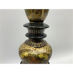  Kashmiri papier mache table lamp, open spiral twist column decorated with flowers, on a turned base,  H43cm