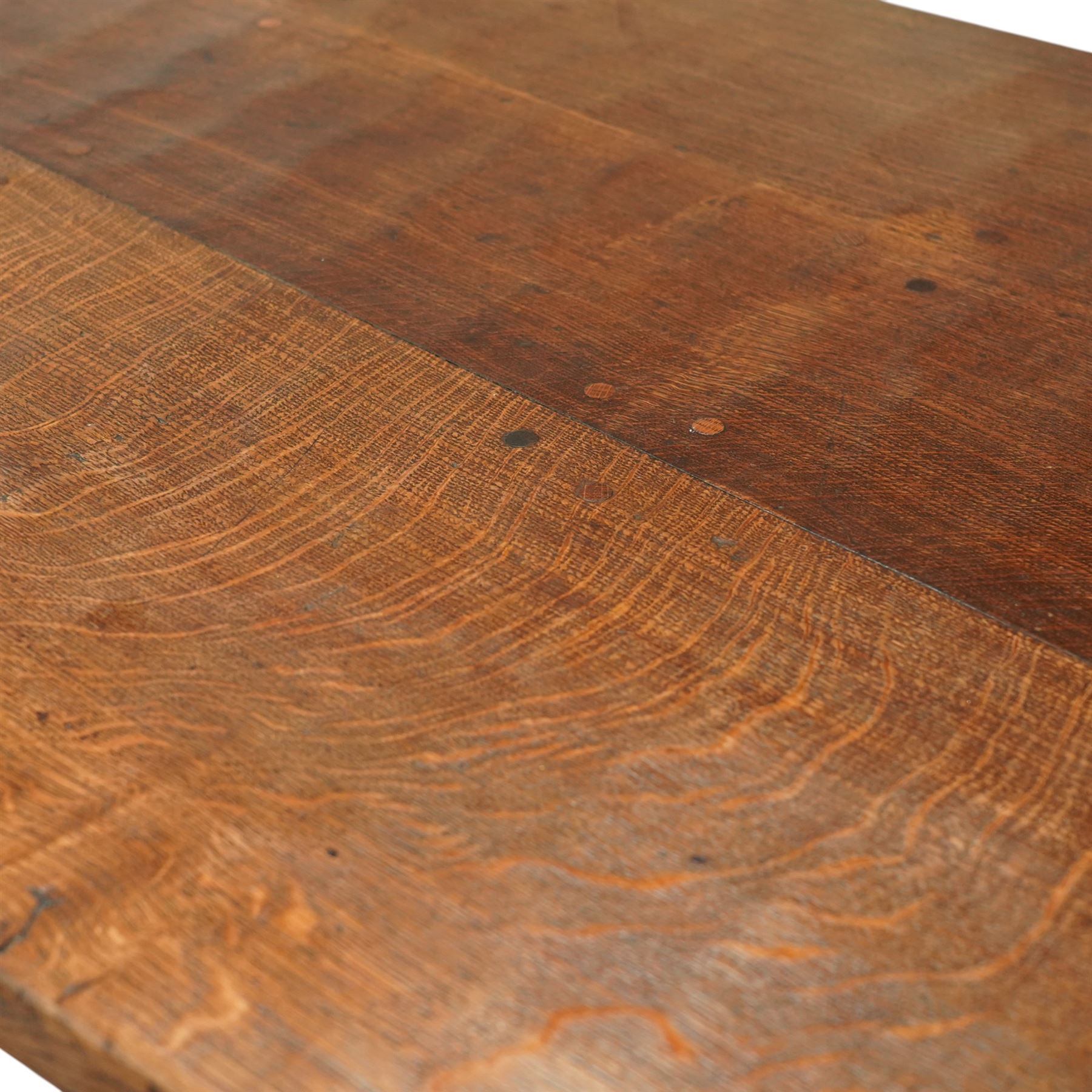 Mouseman - 1937 refectory table, Sir Herbert Baker commission for Westminster Church House, the rectangular adzed plank top above twin octagonal baluster supports united by a pegged stretcher, raised on shaped sled bases carved with a partridge and a loaf of bread, with carved mouse signature to inside leg, by Robert Thompson of Kilburn

The carved loaves reference the original patron, while the partridges are thought to represent Frank Partridge, Bishop of Portsmouth from 1877 to 1941, who played a key role in the founding of Church House and served as its Secretary from 1936 until 1941

Reference
Christie’s ROBERT “MOUSEMAN” THOMPSON; Refectory Table, Lot 188, sold at Christie’s London, commissioned by Sir Herbert Baker KCIE, RA, architect of Church House (opened 1937). Provenance and description available on the Christie’s website
https://www.christies.com/en/lot/lot-4618786