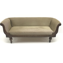  Victorian oak framed upholstered three seat sofa, scrolled arms, turned supports, W206cm  