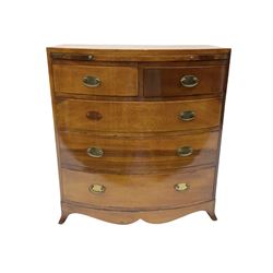 Wooden chest of small proportions, with brushing slide and two small drawers above three long, with drop handles and splayed feet, H44cm L41cm D25.5
