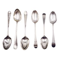 Set of three George III silver Old English pattern teaspoons, with engraved initials to terminal front and verso, hallmarked Hester Bateman, London 1782, and a similar set of three George III silver Old English pattern teaspoons, with engraved initials to terminal, hallmarked Hester Bateman, no date letter or assay office mark