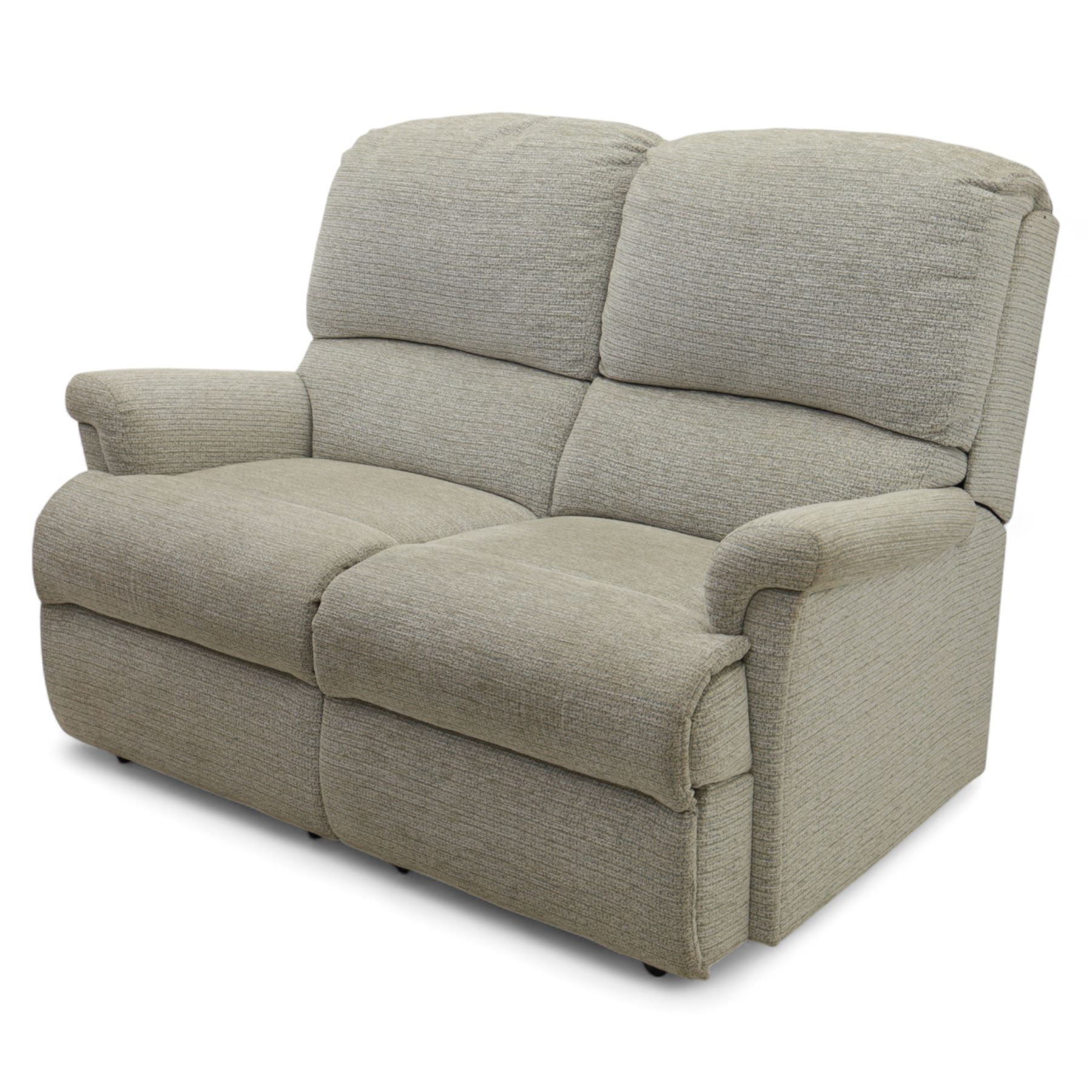 Sherborne - Two seat sofa, in grey chenille fabric upholstery with fixed cushions and upholstered scroll arms, split in to sections and on castors