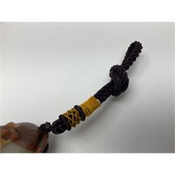 Chinese hardstone carving of a fish amongst coral, with platted rope handle, together with other hardstone and soft stone carvings  