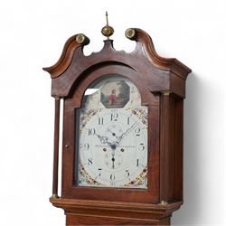 Ralph Weston (III) of Wolsingham (Co Durham) - 30-hour oak and mahogany longcase clock c1815-17, With a swan necked pediment, brass parterre and central spire finial, break arch hood door beneath flanked by reeded pilasters with brass capitals, trunk with recessed reeded pilasters and a crossbanded door with a concave top, square plinth on bracket feet, painted dial with floral depiction to the spandrels and a depiction of a boy attempting to catch birds in the arch, with makers name, Roman numerals, five minute Arabic's, minute track and matching steel hands, with dummy seconds and calendar dials and dummy winding arbors, dial pinned via a cast falseplate by Whittaker & Shreeve to a countwheel striking chain driven movement striking the hours on a bell. With weight and pendulum.
Notes.
The Weston family were a prodigious three generation family of 18th and 19th century Wolsingham clockmakers, all christened Ralph. The maker of this clock Ralph (III) frequently made 30hr clocks such as this possessing features normally found on  8-day clock dials.
Both the clockmaker, clock and dial were the subject of a comprehensive five part article in CLOCKS magazine published between  Nov 2012 and March 2013. The dial of the clock being of particular interest, manufactured by the Haifax firm of Shreve and Whittaker between 1815-17 . 
William Shreeve, a highly respected and competent dial painter went into a short-lived partnership with William Whittaker in 1815, however in 1817 Shreeve died in a tragic accident whereby he was burnt to death whilst preparing some of his own paints and varnishes. 

