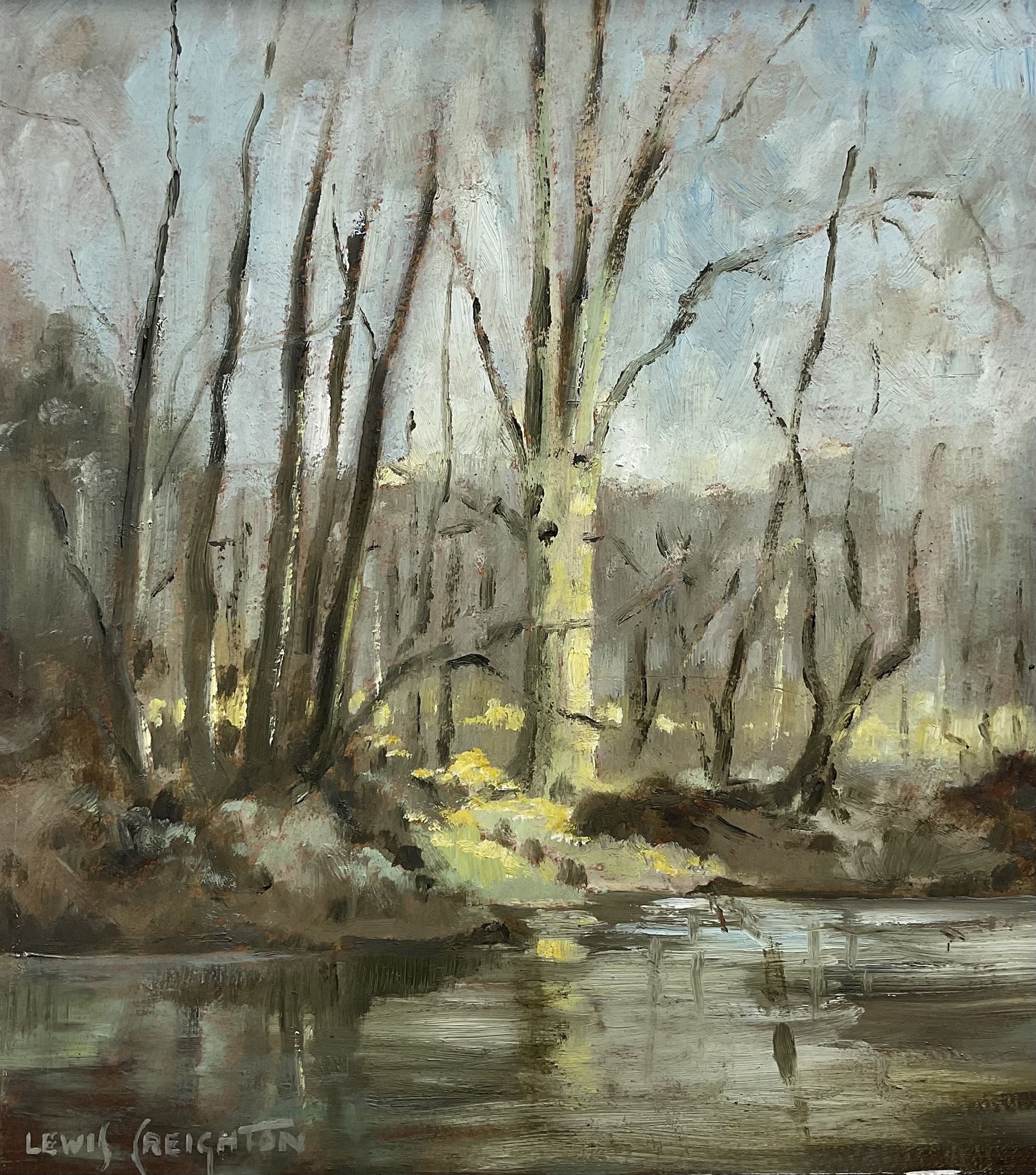 Lewis Creighton (British 1918-1996): Birches by the Stream, oil on board signed 43cm x 39cm 