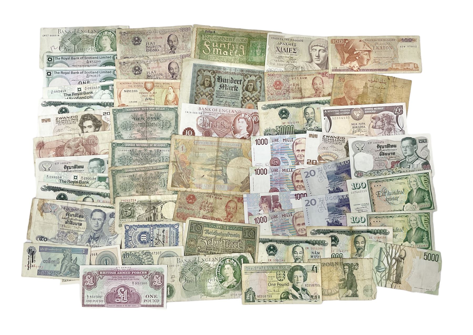 Great British and World banknotes, including Bank of England Page one pound 'EW57', Forde ten shillings 'C41N', various Belgian and Scottish notes etc