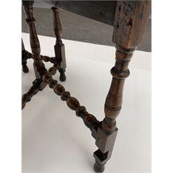 Late 17th century William & Mary oak drop leaf dining table, oval drop leaf top, single drawer to one end, gate action base, turned supports joined by bobbin turned stretchers, 121cm x 135cm, H75cm (open)