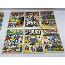 Collection of bronze age Marvel comics (1973-1976). Spider-Man Comics Weekly (1973-1976) nos 8-12, 14, 19-34, 75, 92, 95-97, 101-103, 106, 108, 109, 111, 115, 116, 121-132, 152, 155 and 156. Super Spider-Man with the Super-Heroes (1976) nos 161, 166-170, 177-182. The Mighty World of Marvel starring the Incredible Hulk (1974-1975) nos 102-04, 113-129 (excluding 115 and 120), 134, 135, 140, 143, 153-156, 158, 170, 172 and 182 (89)