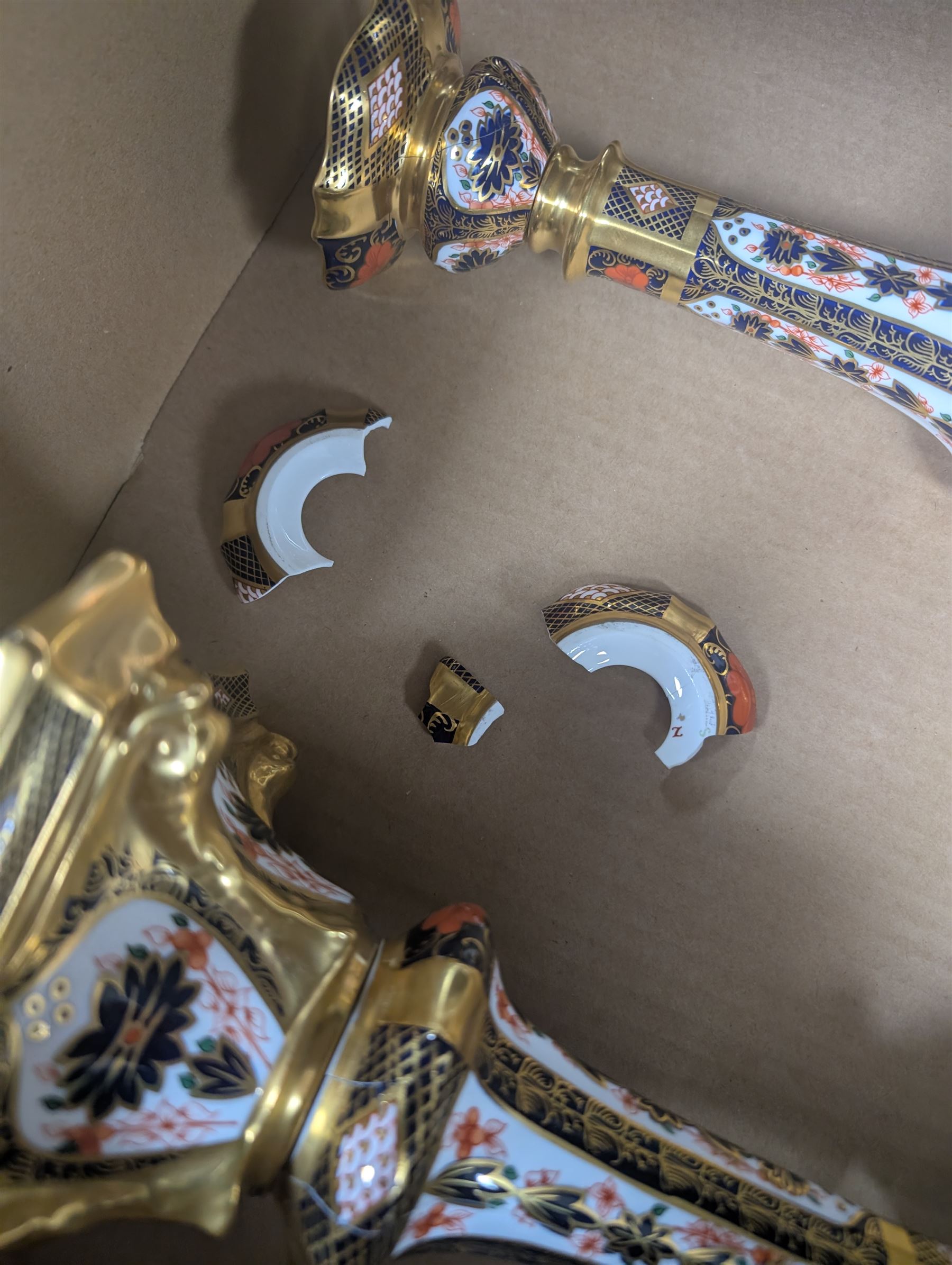 Pair of Royal Crown Derby Imari Pattern Candlesticks, numbered 1128, H27cm