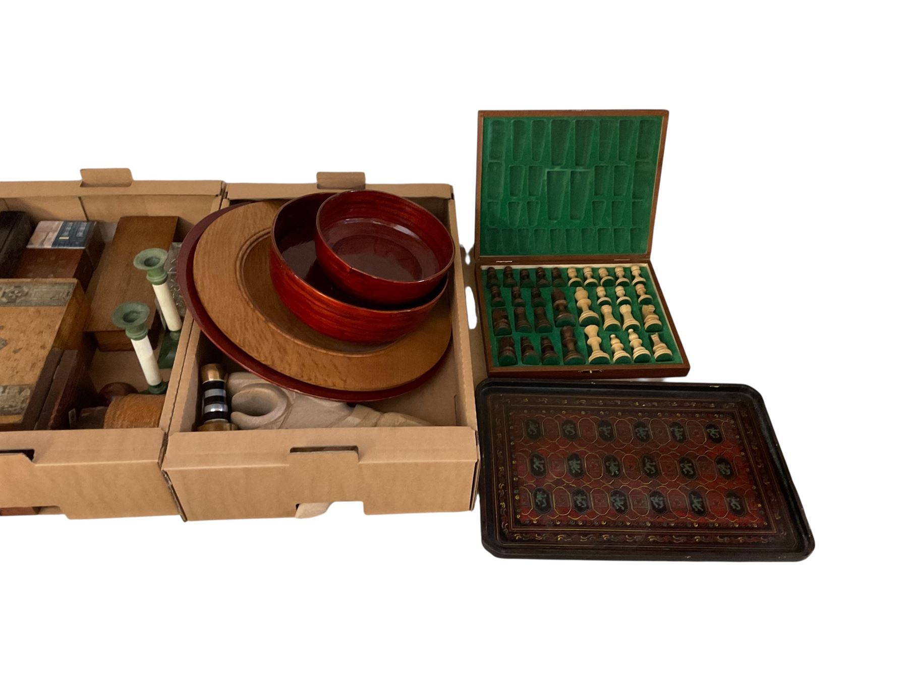 Wooden chess set, together with carved figures and other wooden items, in three boxes 