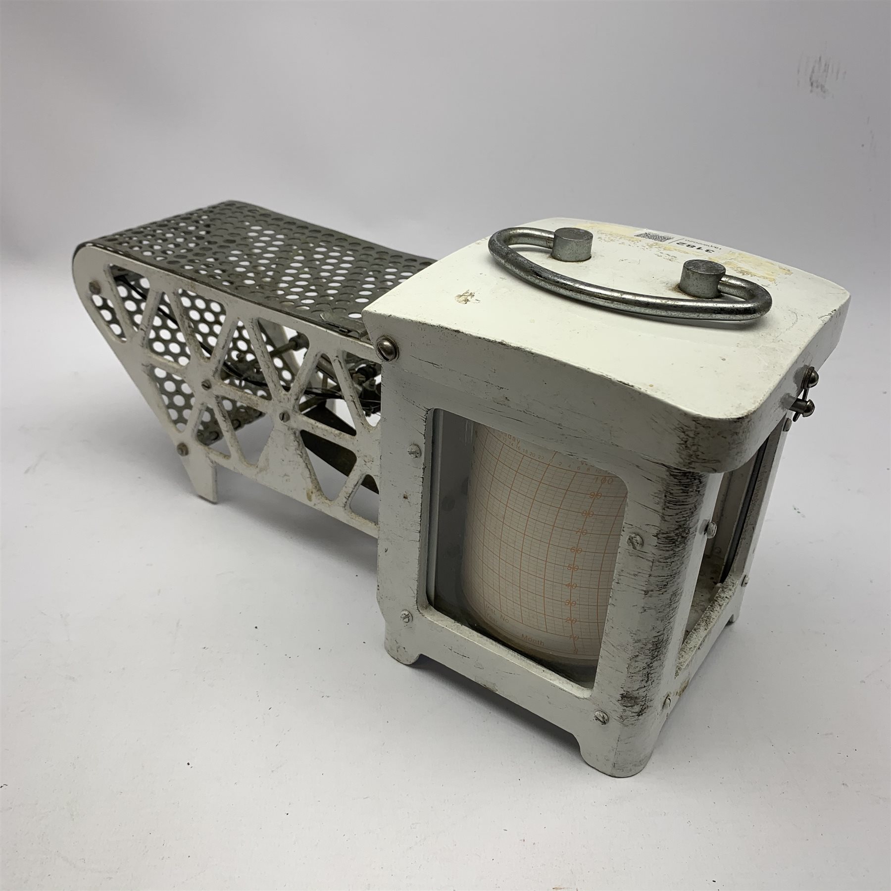 Mid-20th century barograph in white enamelled metal case labelled Casella London L36cm, with box of charts