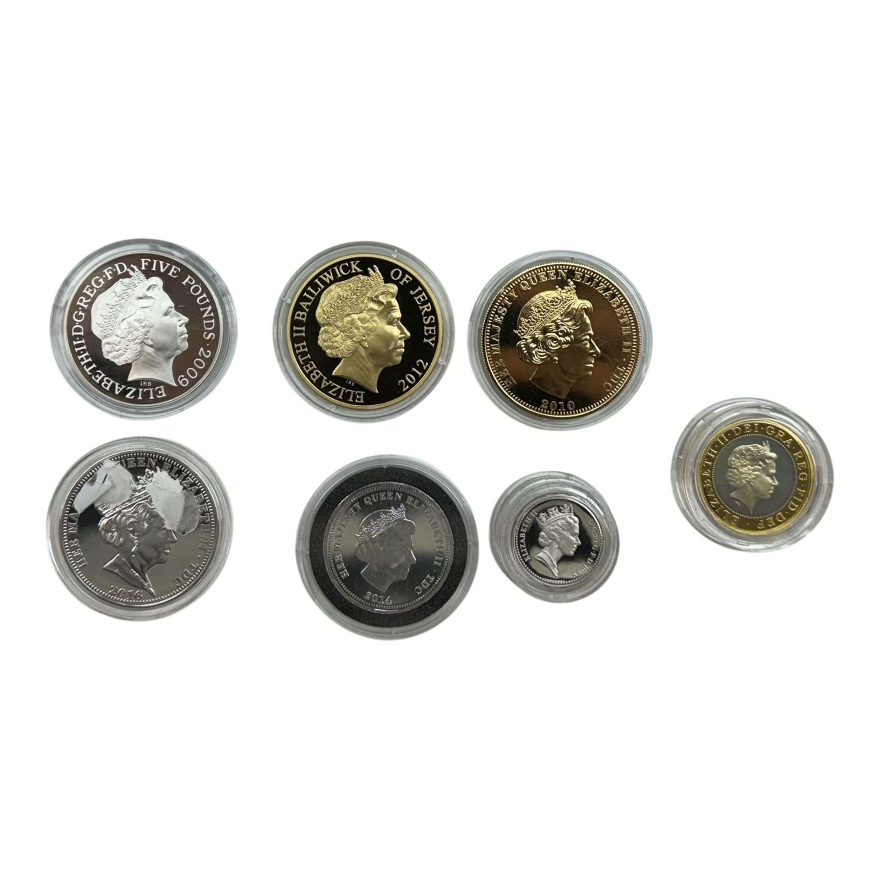 Commemorative coinage with silver proof examples, including 1998 silver proof piedfort one pound, 2006 '80th Birthday of Queen Elizabeth II' silver five pounds, 2010 'Britannia' one ounce fine silver coin, 2002 'Scottish' 'Welsh' and 'English' silver proof two pound coins, 2009 'Angel of the North' and 'Flying Scotsman' silver proof five pound coins etc, housed in capsules in two card boxes 