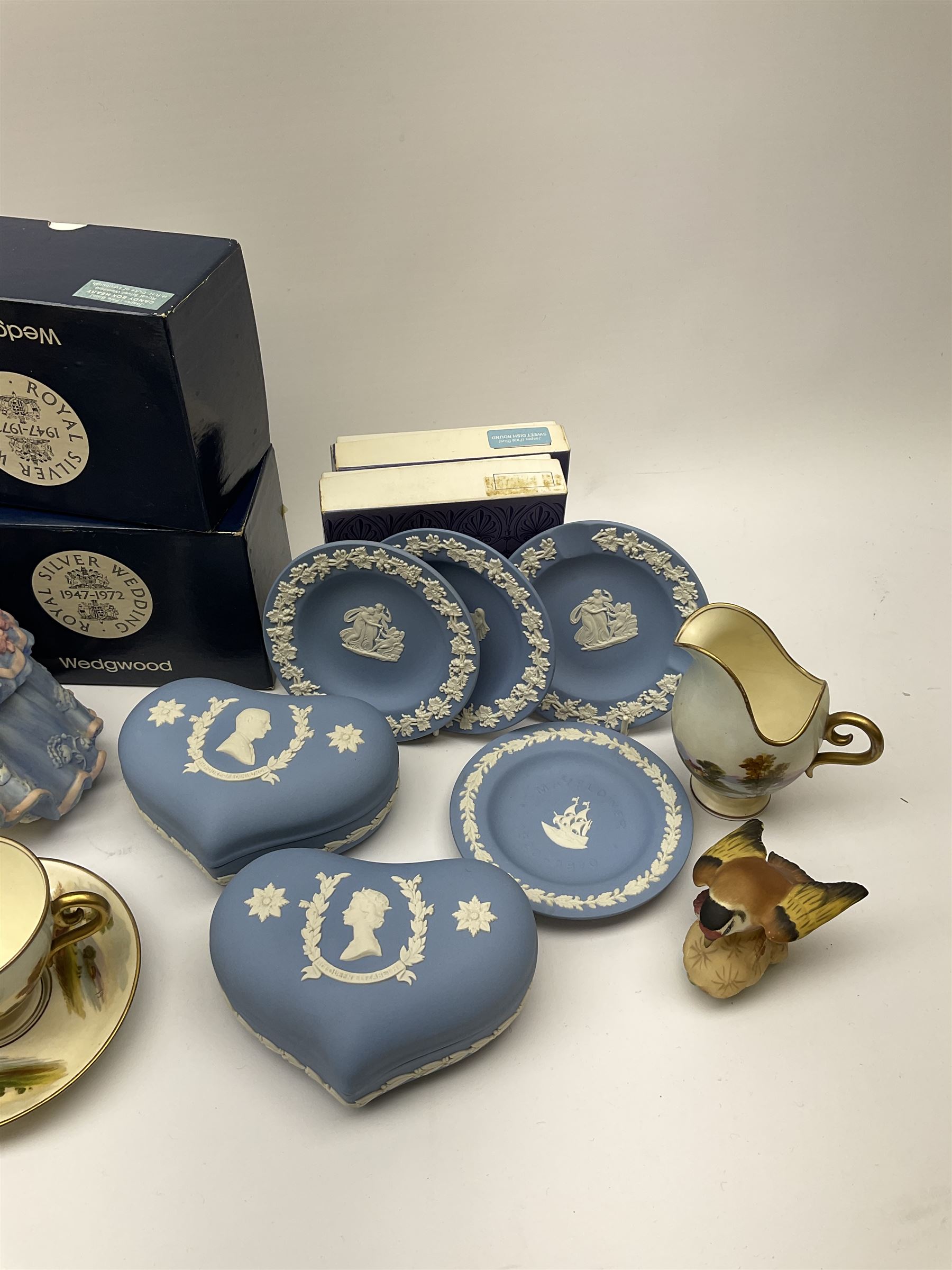 Portmeirion glass bowl,  Wedgwood jasper ware trinket boxes and other items, Wedgwood 'The Imperial Banquet' figure, small Royal Doulton and other character jugs etc, in one box
