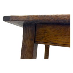 Late 20th century oak farmhouse table, rectangular plank top with breadboard ends and frieze drawer, on square tapered supports