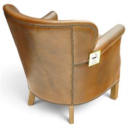 Halo - traditional tub design 'Cosy' club armchair, rolled arms with studwork terminals, upholstered in deep tan leather with loose seat cushion, on square supports