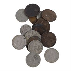 Collection of medals and coins, including Territorial Efficiency Medal, 1889 Amercian Morgan Silver Dollar, 1940 silver shilling, George IV coronation medal, Victorian and Edwardian pennies, commemorative coins etc and a quantity of silver plated cutlery