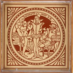 Three Minton Shakespeare tiles, framed, comprising Twelfth Night, Antony and Cleopatra and The Merchant of Venice, H55cm 