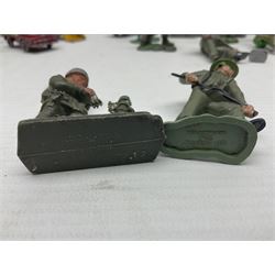 Various makers - unboxed and playworn die-cast models including Dinky Thornycroft Mighty Antar Tank Transporter No.660 and Centurion Tank No.651, other military and farm vehicles; and quantity of loose plastic soldiers and other figures by Crescent, Britains etc