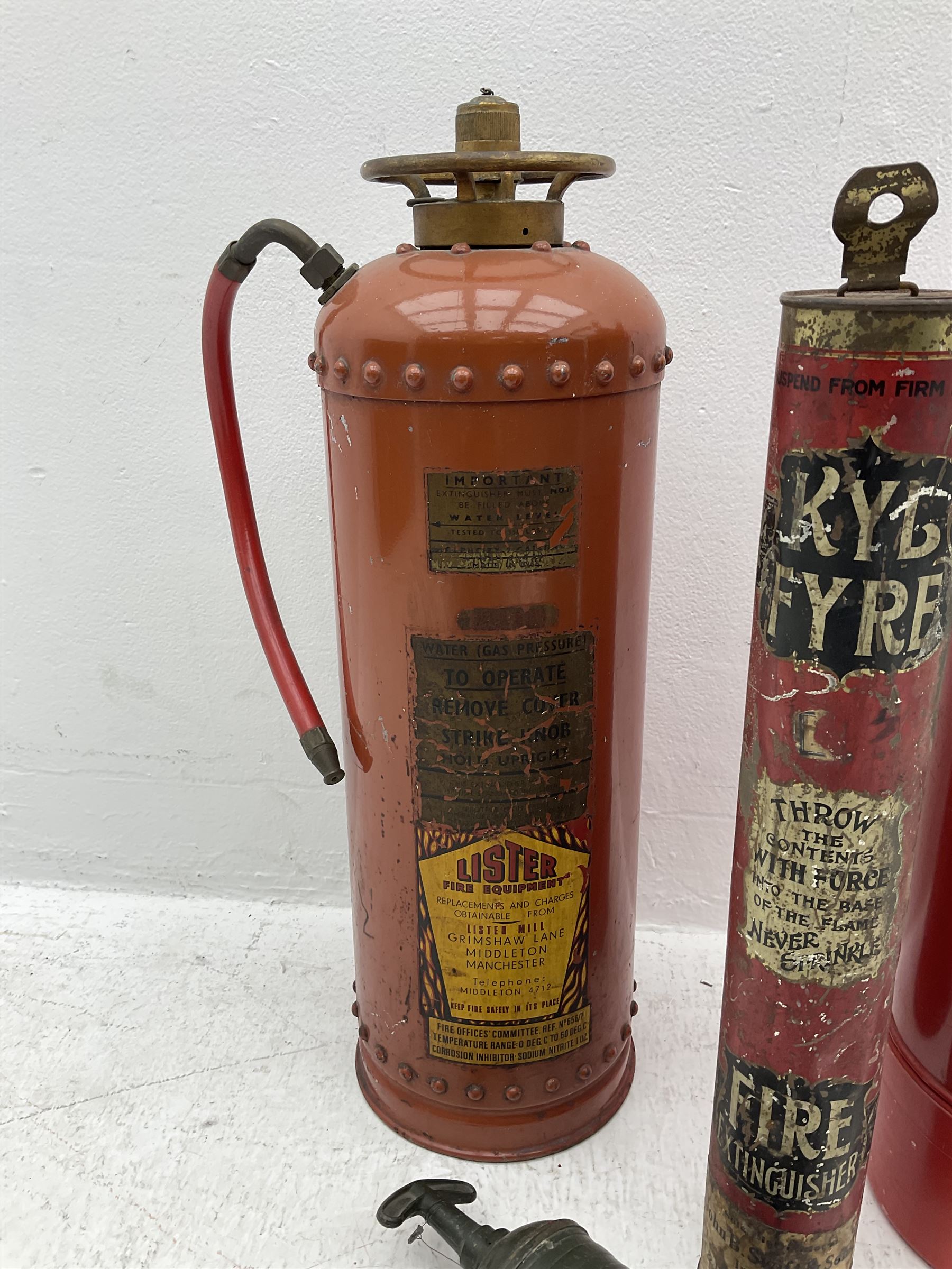 Early 20th century Kyl Fyre dry powder fire extinguisher, together with a Pyrene C.T.C fire extinguisher, and two larger fire extinguishers comprising a 1962 Minimax example and a Lister example, tallest H66cm