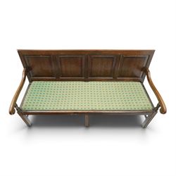 17th century design oak four panelled hall bench, fielded back panels flanked by swept arms on turned supports, raised on six supports united by a stretcher