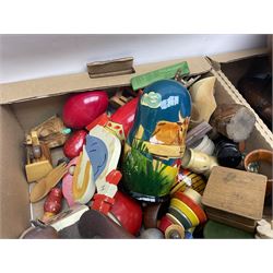 Miniature wooden chair, Russian dolls, turned wooden items including bowls, figures etc, and a collection of other wooden collectables, in two boxes 