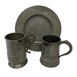 18th century pewter plate, with stamped London Superfine and crowned rose mark verso, together with two 19th century pewter side pouring tavern quart mugs, each indistinctly engraved (one 'R Harding Feathers')