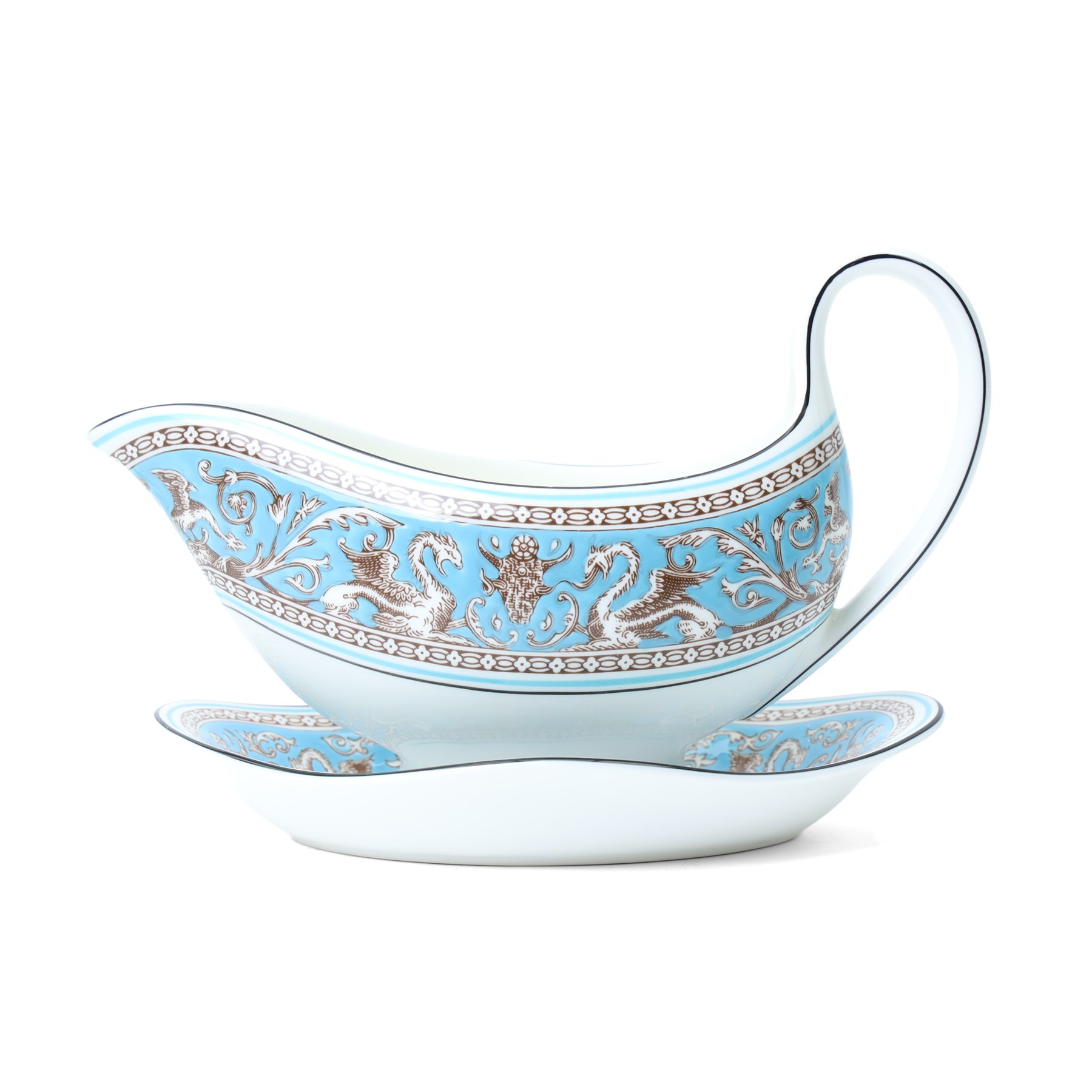 Extensive Wedgwood Turquoise Florentine part service tea, dinner and coffee service for six covers comprising six dinner plates, six dessert plates, six soup bowls and stands, pair of vegetable dishes and covers, gravy boat ad stand, oval meat plates, six tea cups and saucers, six coffee cans and saucers, six tea plates, teapot, coffee pot, sucrier and cover, sugar bowl, milk and cream jugs and cake plate, 72 pieces