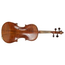 Late 19th century full size German violin with a  Wolff Brothers label, scroll with ebony pegs, finger board and tail piece, in a hard case with bow. Length 60cm

This item has been registered for sale under Section 10 of the APHA Ivory Act