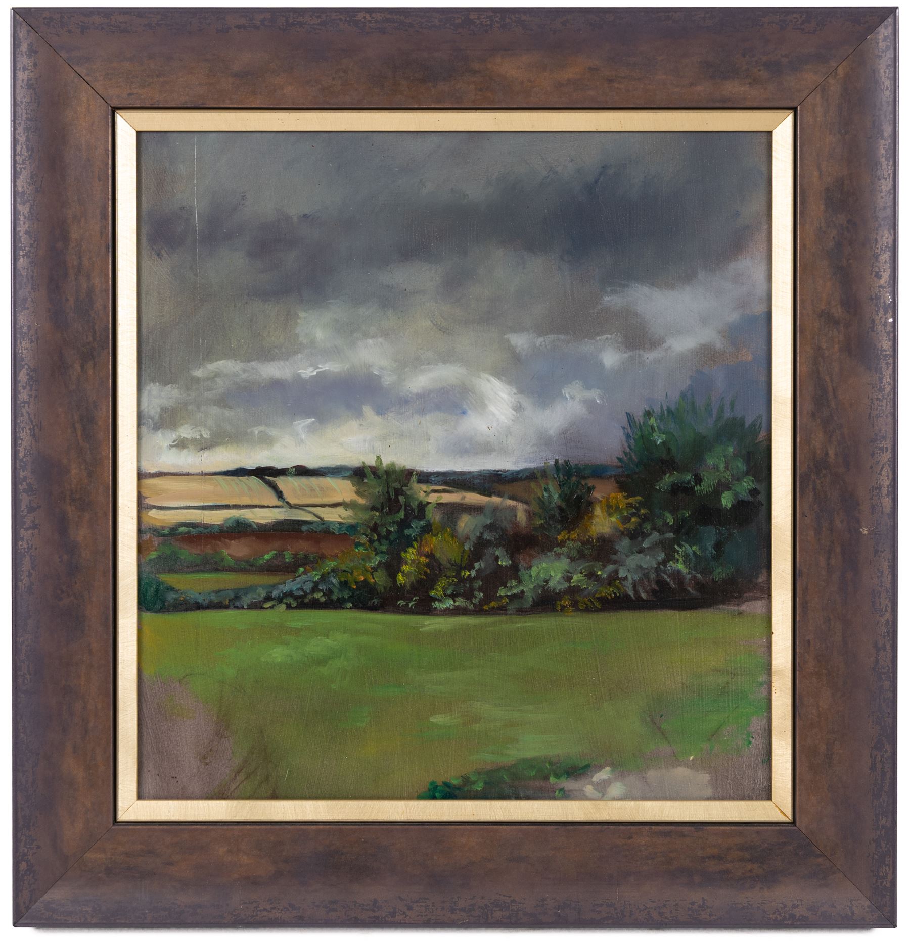 English School (Contemporary): Clouds Gathering over the Fields, pair of oils on board unsigned 31cm x 30cm (2)