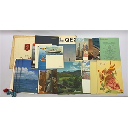 Cunard Liners memorabilia - RMS Queen Elizabeth, thirty menus January 1965; RMS Queen Mary, five menus September 1956 and voyage souvenir book; other menus etc October 1964 for both vessels; QE2 menu May 1969 and booklet