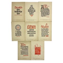 Collection of eight pre-WW2 German Propaganda poster style cards each printed in black and red with sayings by NSDAP leaders and German historical leaders,  featuring quotes by Adolf Hitler, von Goethe, Rosenberg, Magnus Wehner, Moltke, Kolbenheyer etc, each dated 1938 35 x 23.5cm unframed (8)