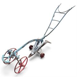 J. & F. Howard Ltd., Bedford - late 19th/early 20th century blue-painted cast iron horse-drawn potato ridger, with twin handles above a curved beam, adjustable ridging body and ploughshare, on red-painted five-spoke wheels, signed HOWARD BEDFORD
