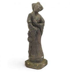 Set of four Chinese style composition figures, depicting robed attendants and elders, including examples with fan and fish, raised on moulded bases, tallest 98cm