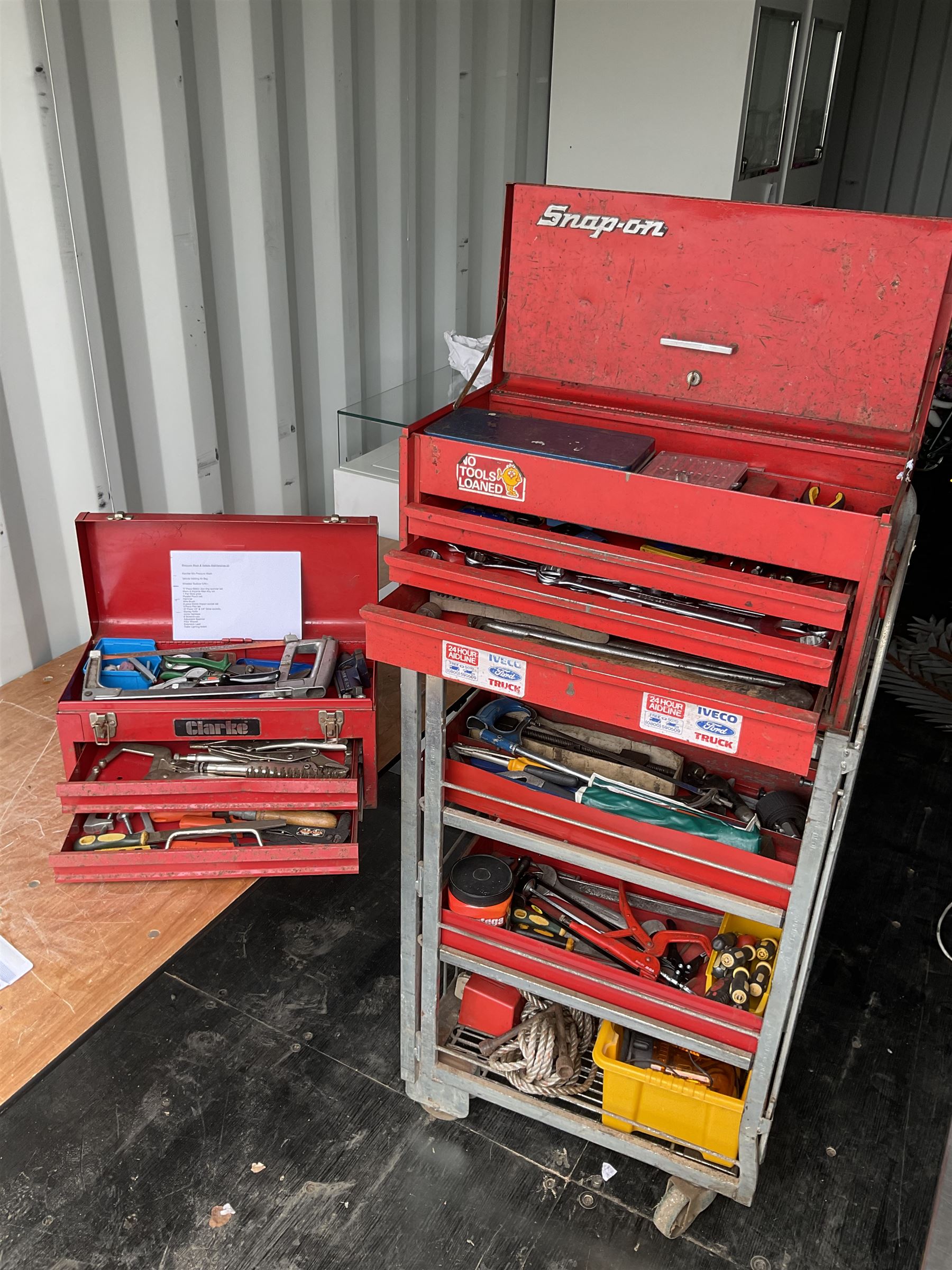 Tool workstation with Snap-on three drawer lockable tool box and tools, feeler gauges, wire strippers, screw drivers torque wrenches, and other  - THIS LOT IS TO BE COLLECTED BY APPOINTMENT FROM DUGGLEBY STORAGE, GREAT HILL, EASTFIELD, SCARBOROUGH, YO11 3TX