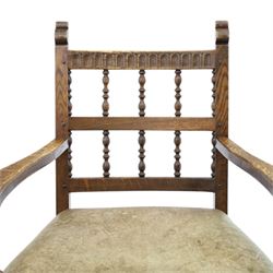 Rupert Griffiths for Monastic Woodcraft - oak 6ft refectory dining table with set six (4+2) matching chairs, rectangular top with arcaded frieze, with trestle base with further arcaded carved stretchers, chairs with carved rails and finials, leather wrapped seats with stud detail, turned supports united by carved stretcher