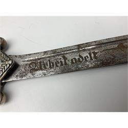 WW2 German RAD (Reichsarbeitdienst) Leader's hewer dagger,  the 25.5cm fullered steel blade engraved Arbeit Adelt (Work Enables) with Eickhorn squirrel maker's mark; scrolling cross-piece, mahogany grip and eagle pommel; in decorative plated scabbard L40cm overall.