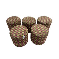 Set six circular footstools or pouffes, upholstered in geometric patterned fabric 
