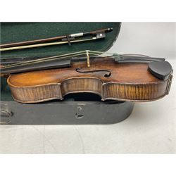 German Hopf violin c1900 with 35.5cm two-piece maple back impressed HOPF, maple ribs and spruce top, also marked HOPF internally L58.5cm overall; in Maidstone ebonised wooden coffin case with bow