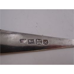 George III Exeter silver Old English pattern table spoon, engraved with foliate decoration, initials and dated 1784 to terminal, hallmarked Exeter 1783, maker's mark indistinct, together with Newcastle silver Fiddle pattern butter knife, hallmarked John Walton, Newcastle 1823, Victorian Exeter silver spoon, engraved with floral design to underside of bowl, hallmarked Josiah Williams & Co, Exeter 1875