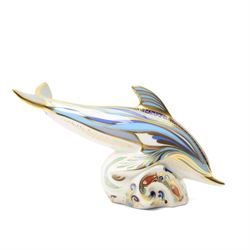 Moorcroft 'Wind of Change' pattern vase H13cm, boxed, Royal Crown Derby 'Striped Dolphin' limited edition paperweight 1166/1500, boxed and with certificate and another Dolphin paperweight, boxed and both with gold stoppers (3)  