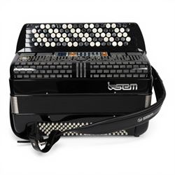 SEM Ciao 5-row digital reedless chromatic button midi-accordion, with 87-black and white buttons and 120 bass buttons, in black high gloss case, with carry strap and original hard carrycase